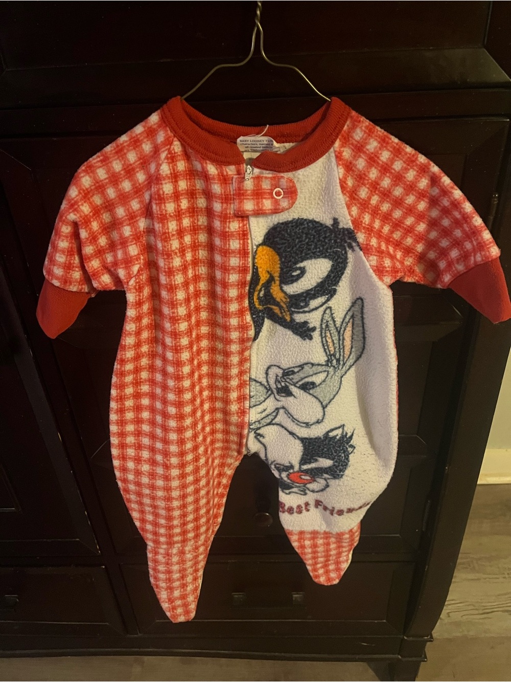 Vintage Baby Looney Tunes Red Checkered & Character Fleece One-Piece